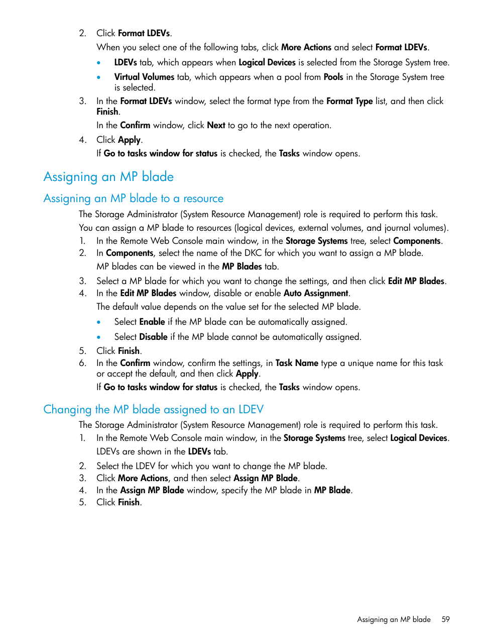 Assigning an mp blade, Assigning an mp blade to a resource, Changing the mp blade assigned to an ldev | HP XP Racks User Manual | Page 59 / 486