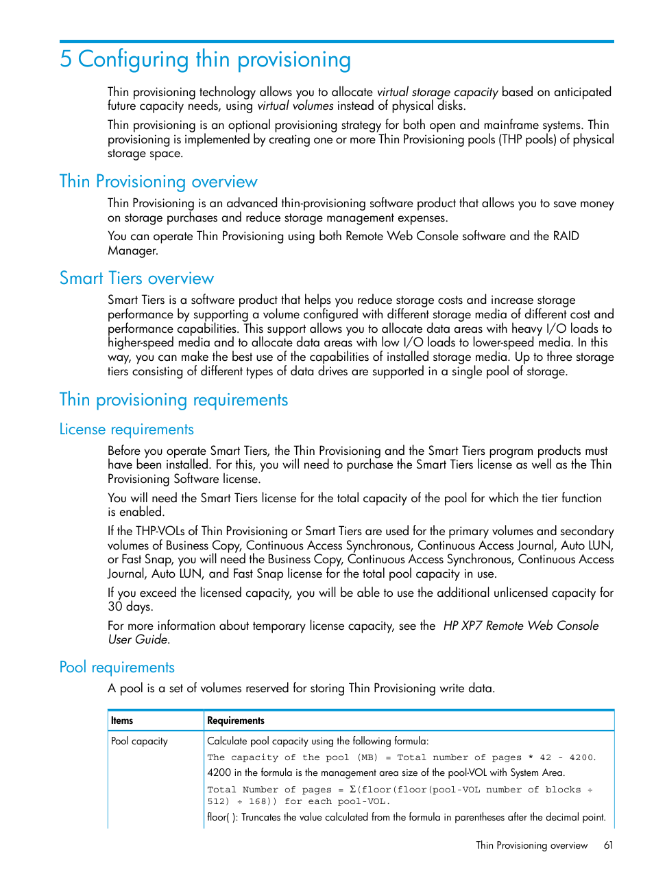 5 configuring thin provisioning, Thin provisioning overview, Smart tiers overview | Thin provisioning requirements, License requirements, Pool requirements, License requirements pool requirements | HP XP Racks User Manual | Page 61 / 486