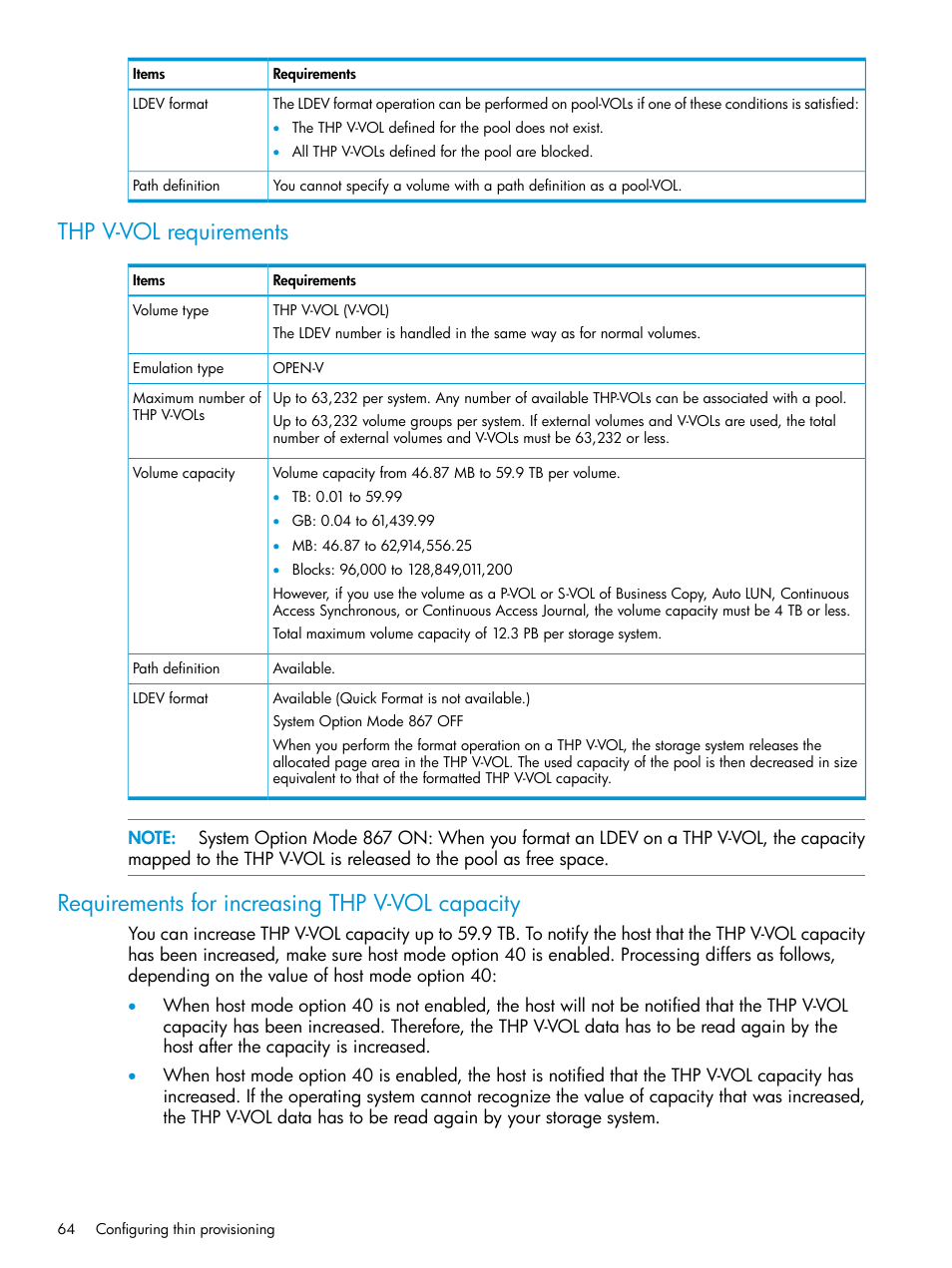 Thp v-vol requirements, Requirements for increasing thp v-vol capacity | HP XP Racks User Manual | Page 64 / 486