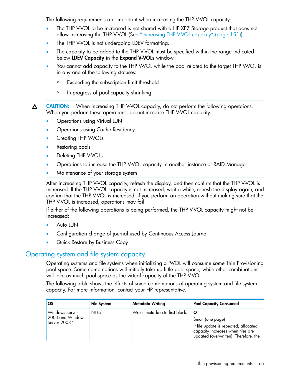 Operating system and file system capacity, Operating system and file | HP XP Racks User Manual | Page 65 / 486