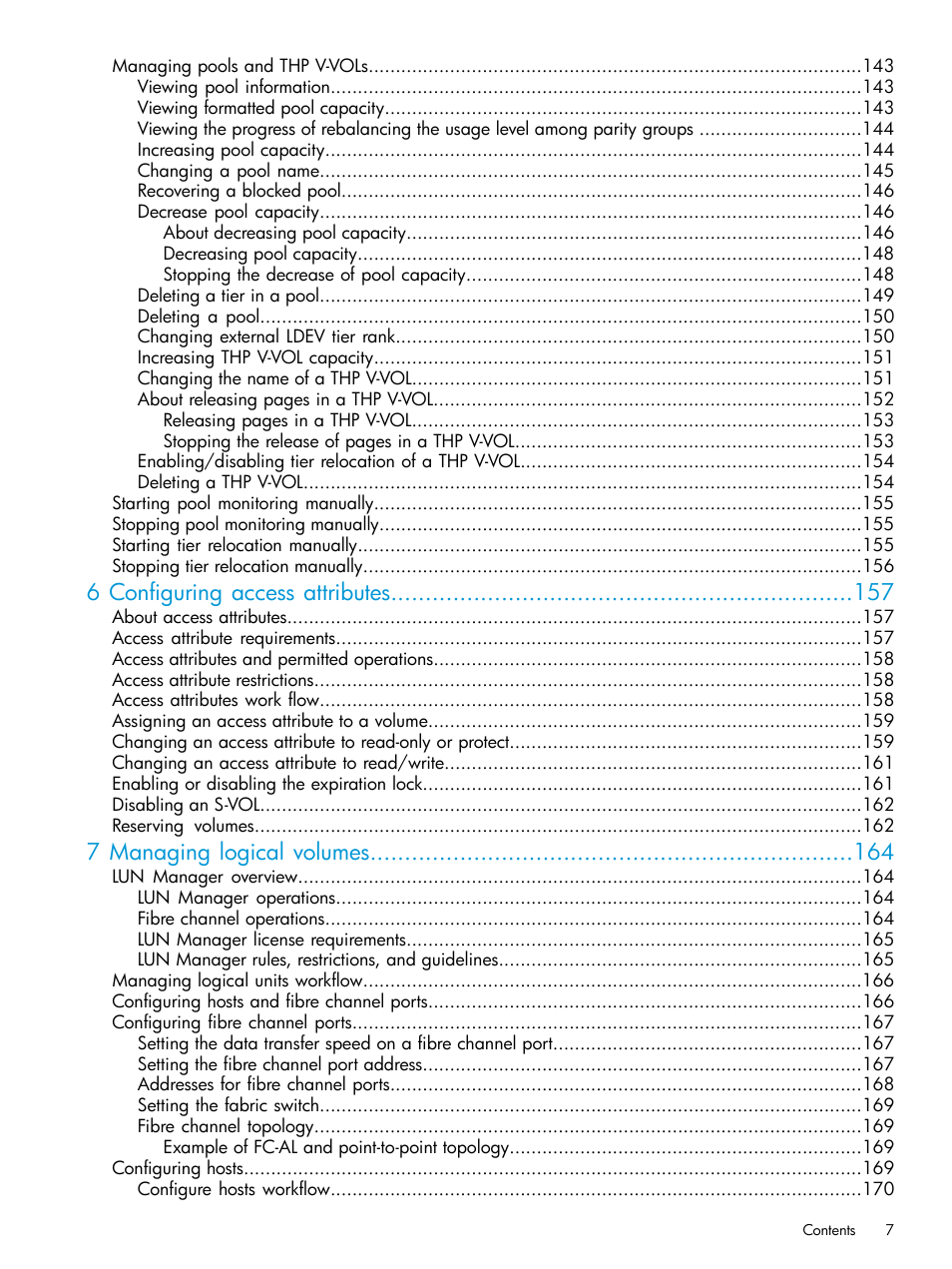 6 configuring access attributes, 7 managing logical volumes | HP XP Racks User Manual | Page 7 / 486
