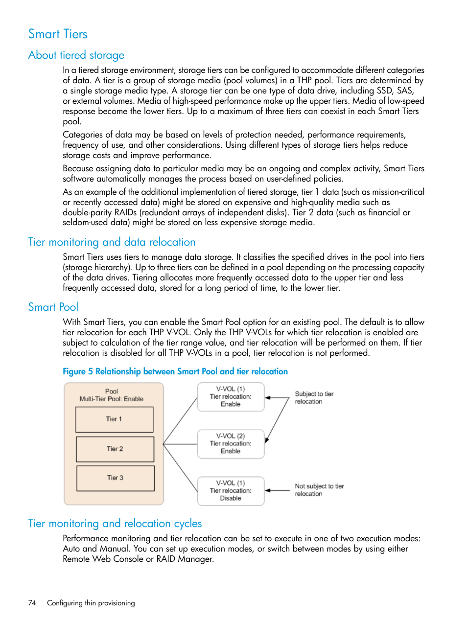 Smart tiers, About tiered storage, Tier monitoring and data relocation | Smart pool, Tier monitoring and relocation cycles | HP XP Racks User Manual | Page 74 / 486
