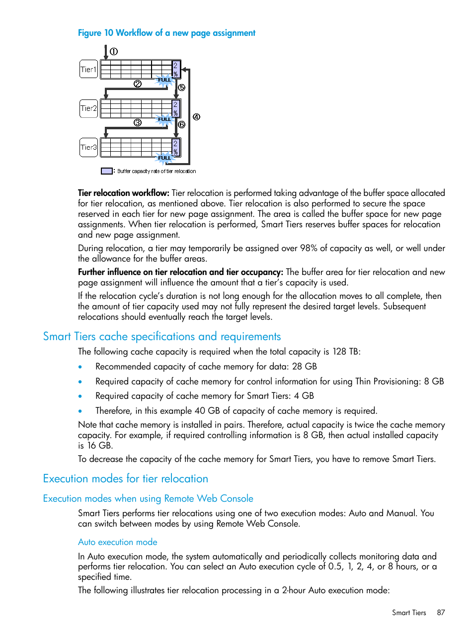 Smart tiers cache specifications and requirements, Execution modes for tier relocation, Execution modes when using remote web console | HP XP Racks User Manual | Page 87 / 486