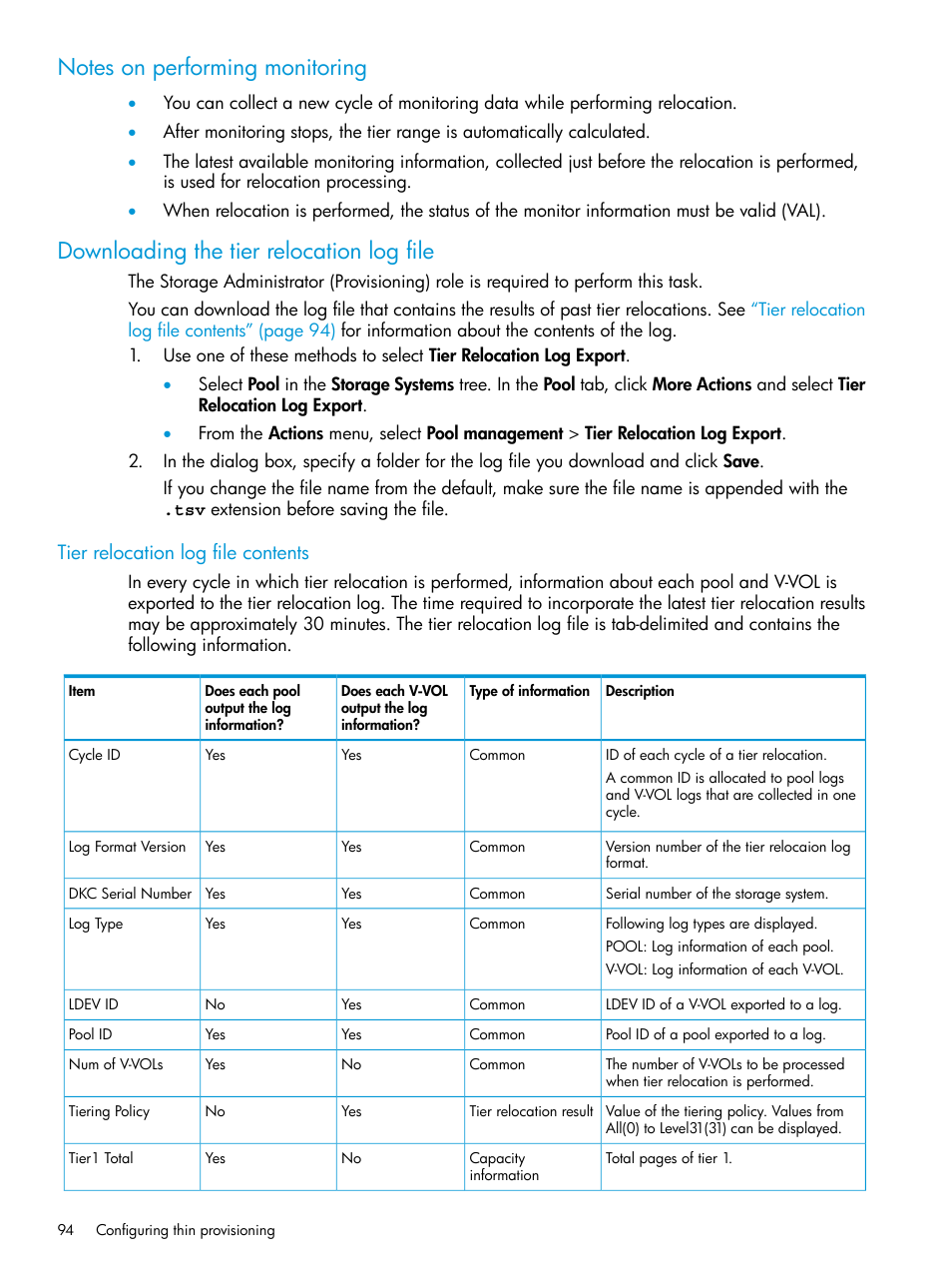 Notes on performing monitoring, Downloading the tier relocation log file, Tier relocation log file contents | HP XP Racks User Manual | Page 94 / 486