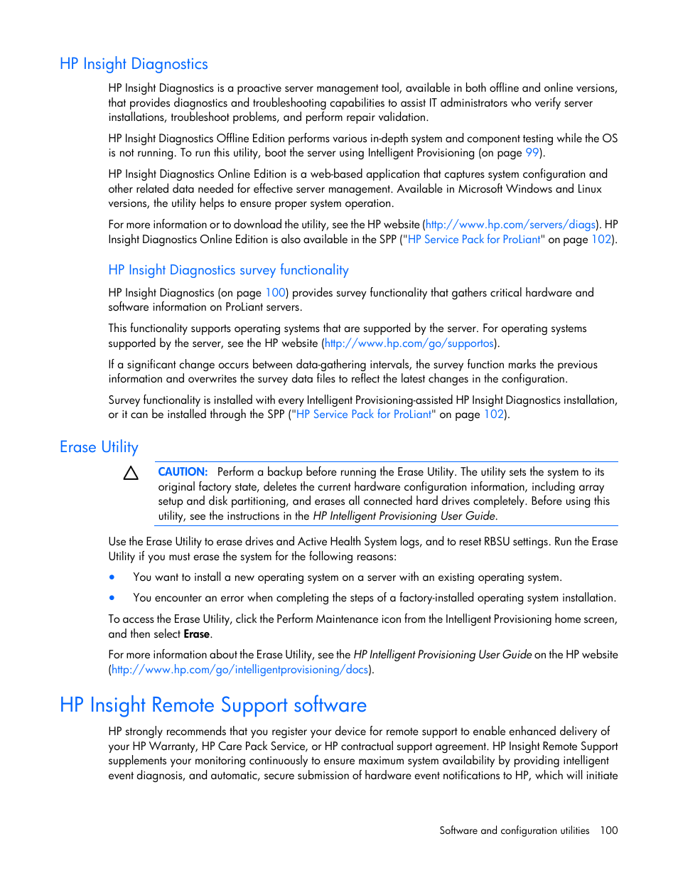 Hp insight diagnostics, Hp insight diagnostics survey functionality, Erase utility | Hp insight remote support software | HP ProLiant DL388e Gen8 Server User Manual | Page 100 / 136