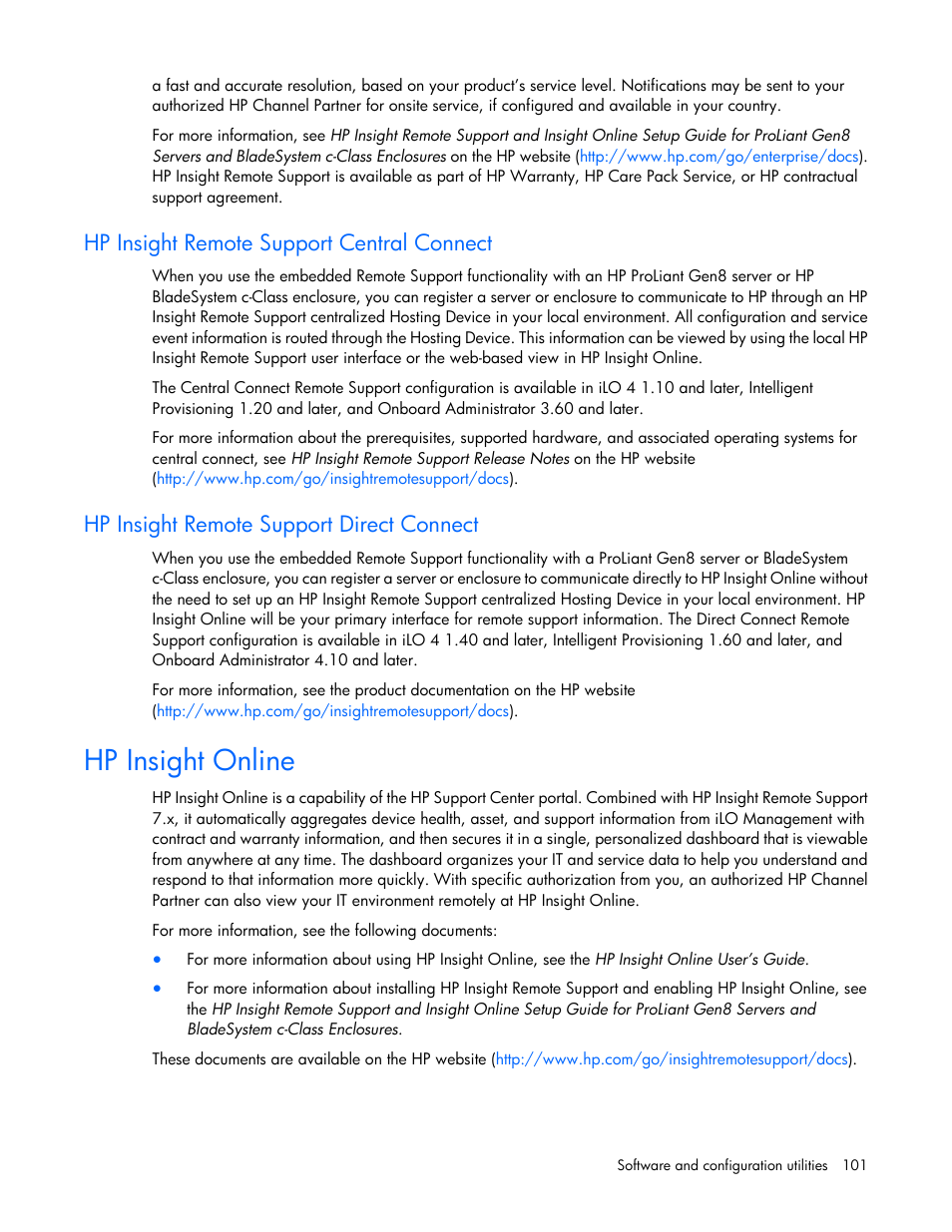 Hp insight remote support central connect, Hp insight remote support direct connect, Hp insight online | HP ProLiant DL388e Gen8 Server User Manual | Page 101 / 136