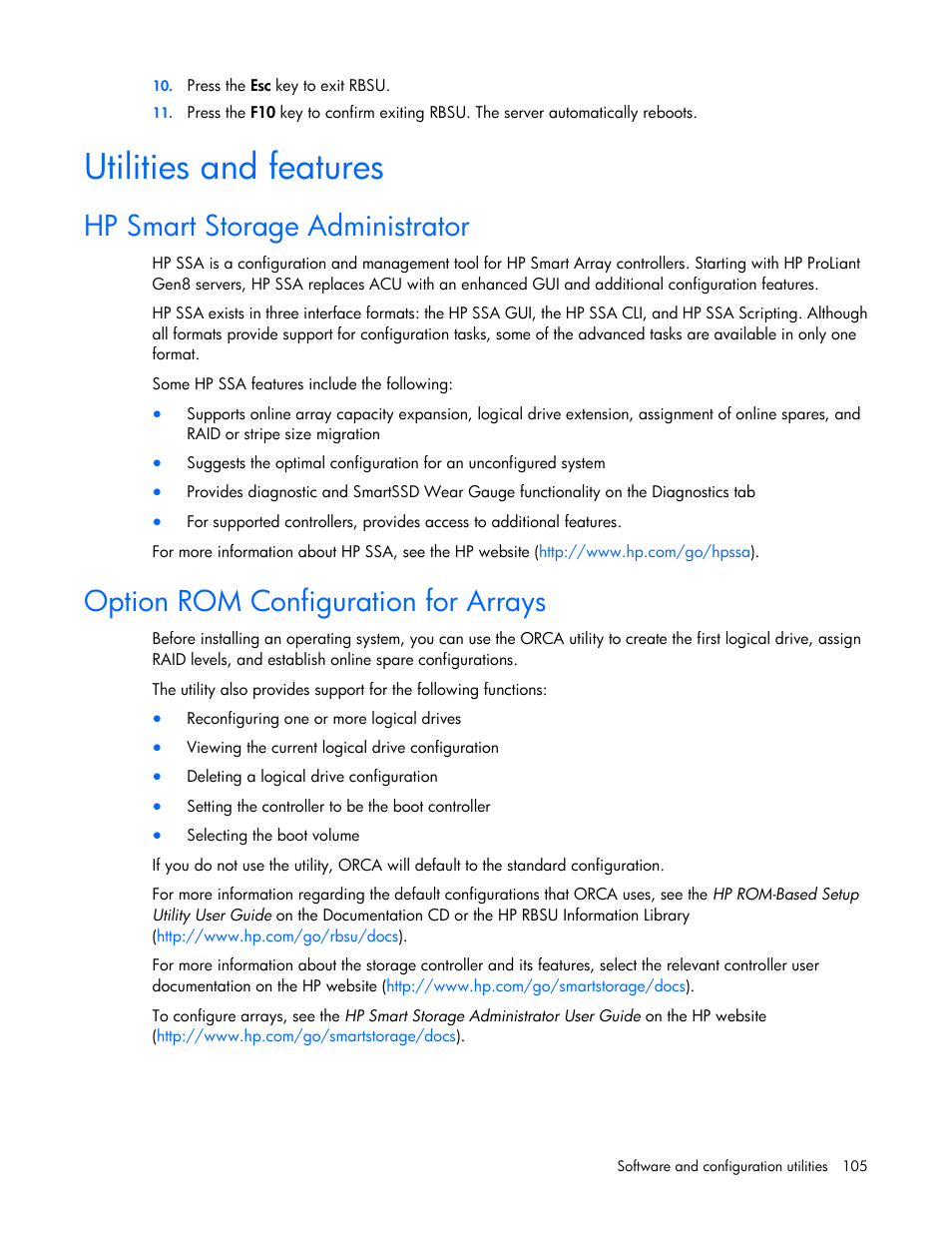 Utilities and features, Hp smart storage administrator, Option rom configuration for arrays | Hp smart, Storage administrator | HP ProLiant DL388e Gen8 Server User Manual | Page 105 / 136