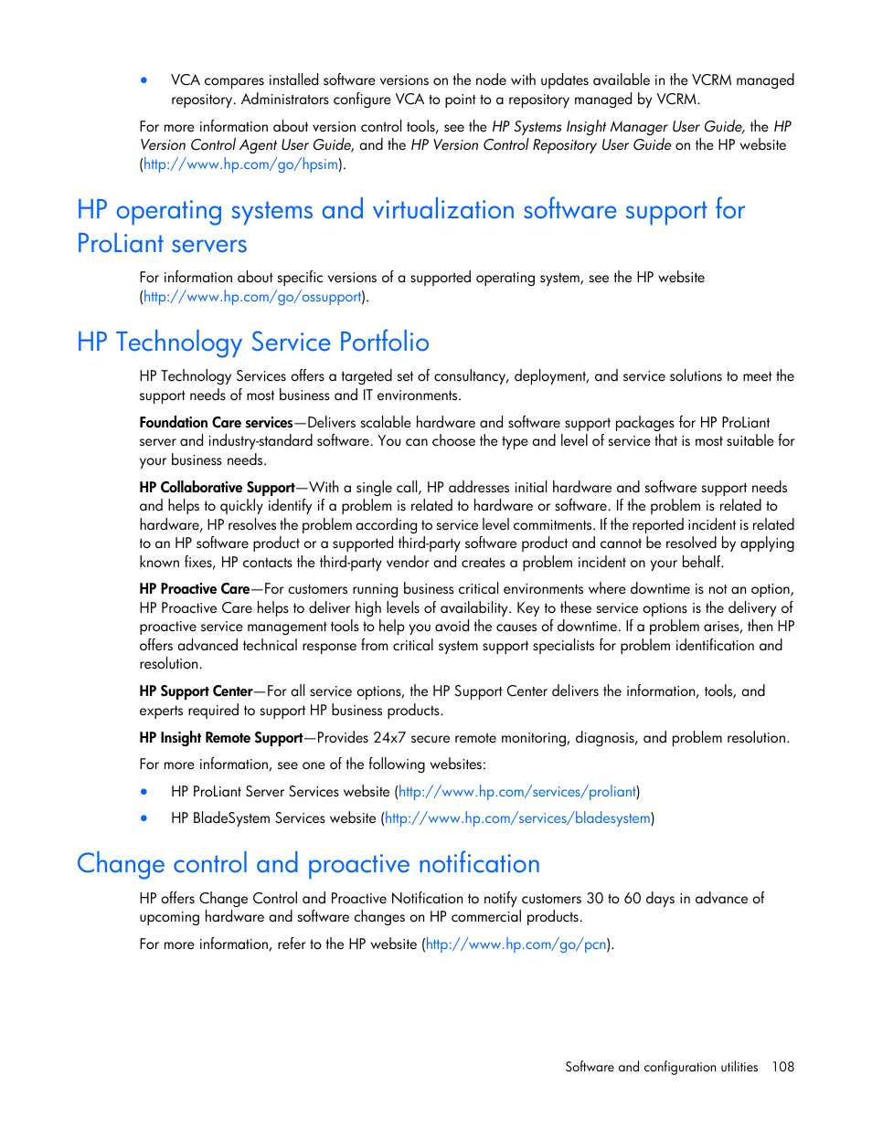 Hp technology service portfolio, Change control and proactive notification | HP ProLiant DL388e Gen8 Server User Manual | Page 108 / 136