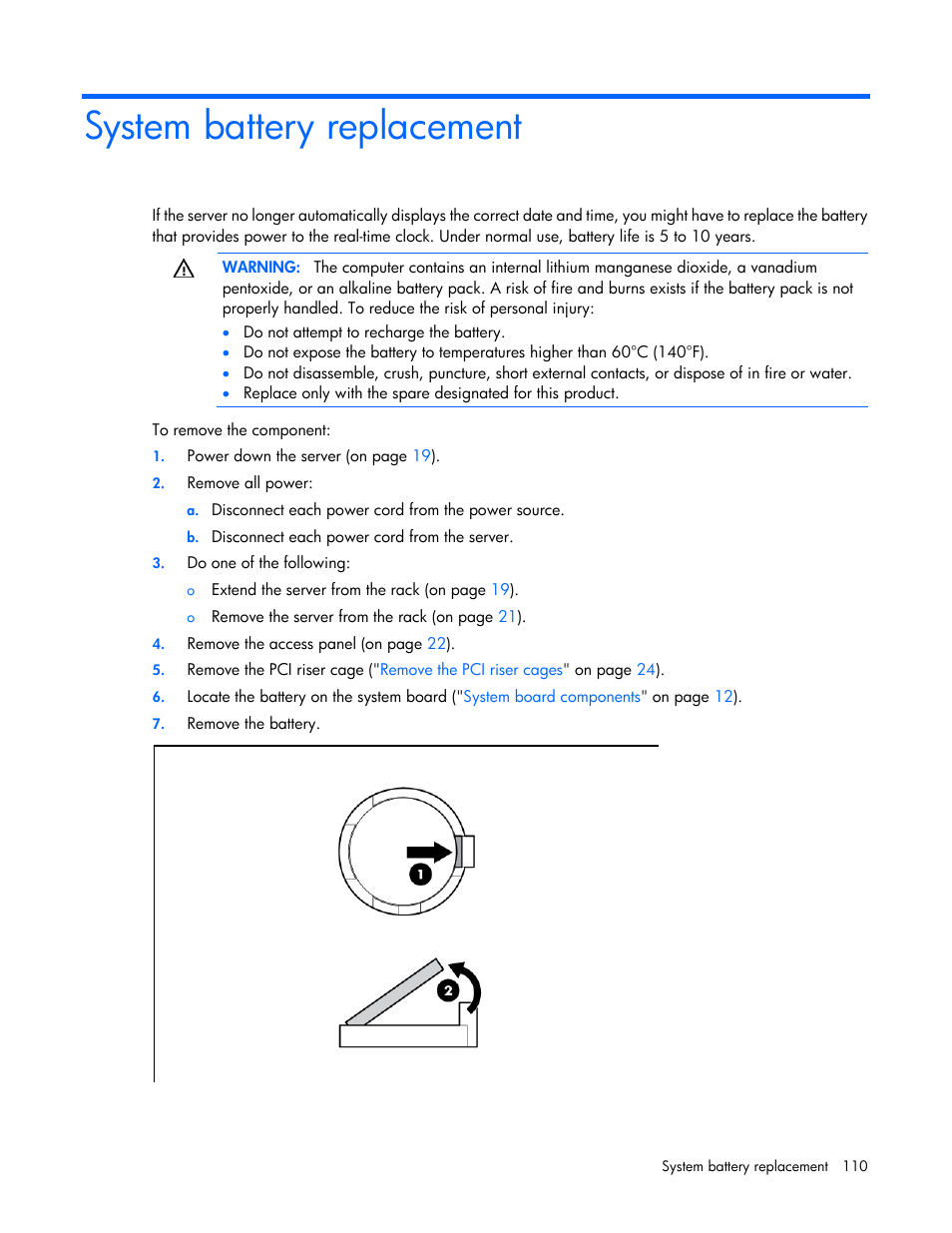 System battery replacement | HP ProLiant DL388e Gen8 Server User Manual | Page 110 / 136