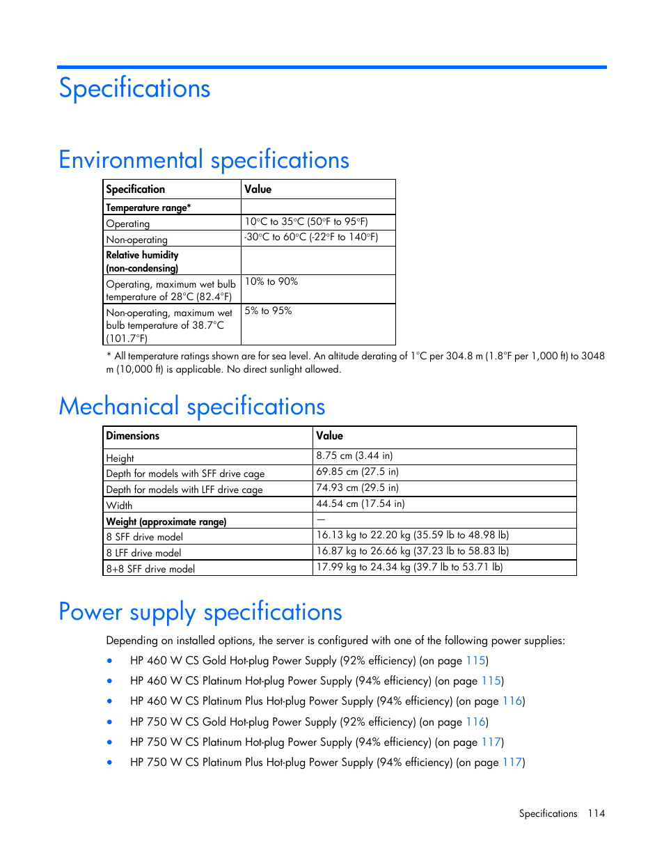 Specifications, Environmental specifications, Mechanical specifications | Power supply specifications | HP ProLiant DL388e Gen8 Server User Manual | Page 114 / 136