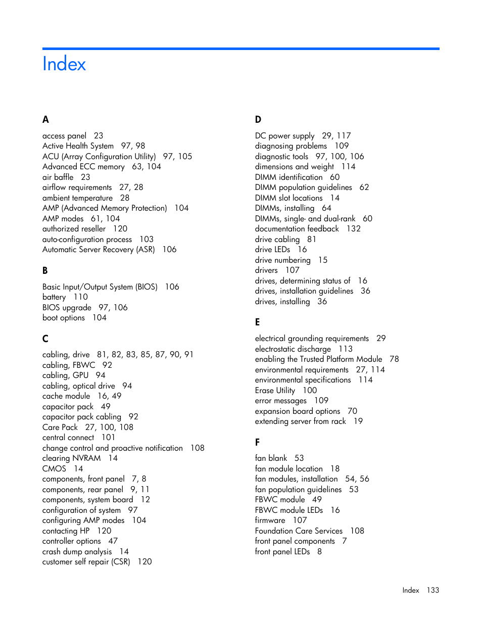 Index | HP ProLiant DL388e Gen8 Server User Manual | Page 133 / 136