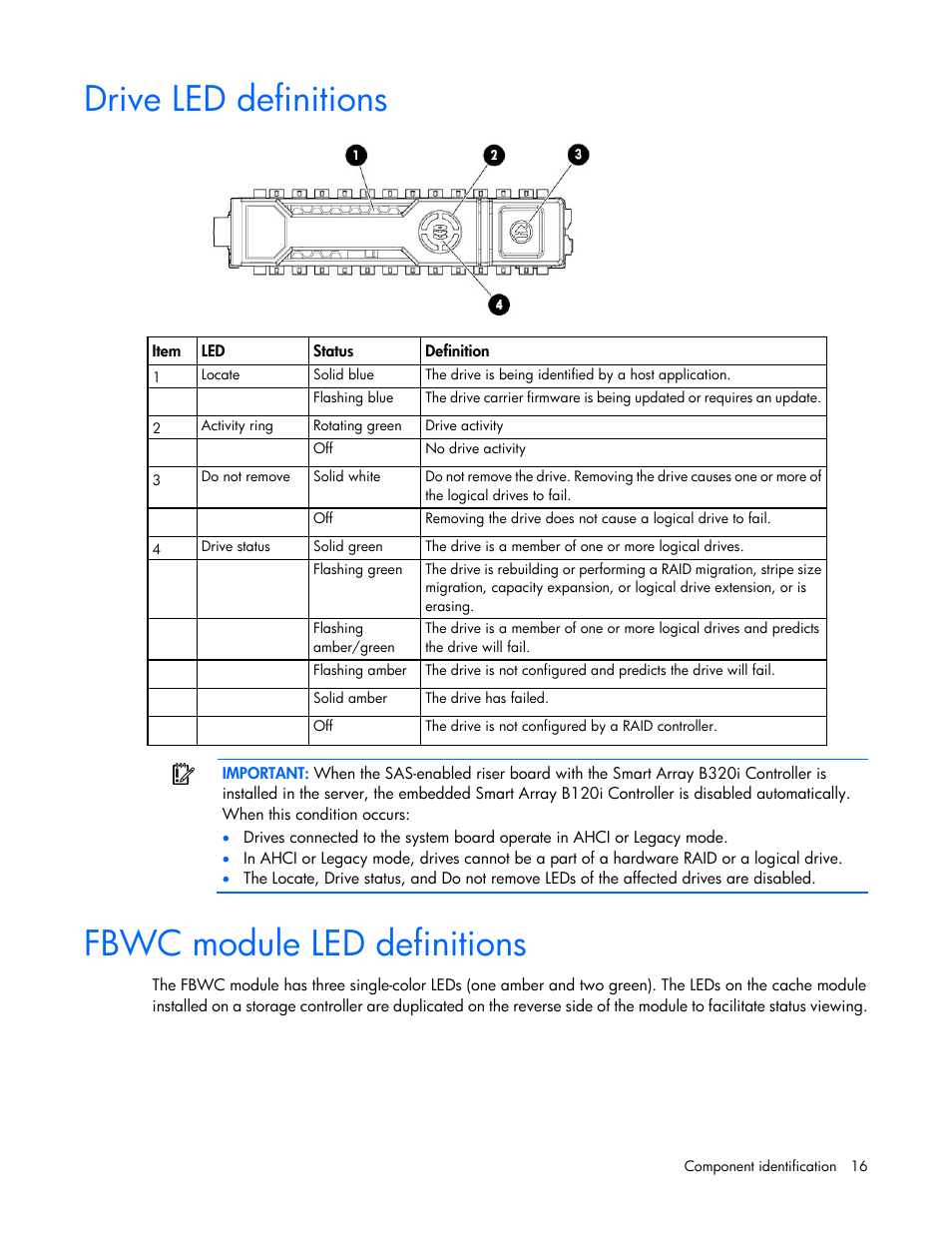 Drive led definitions, Fbwc module led definitions | HP ProLiant DL388e Gen8 Server User Manual | Page 16 / 136