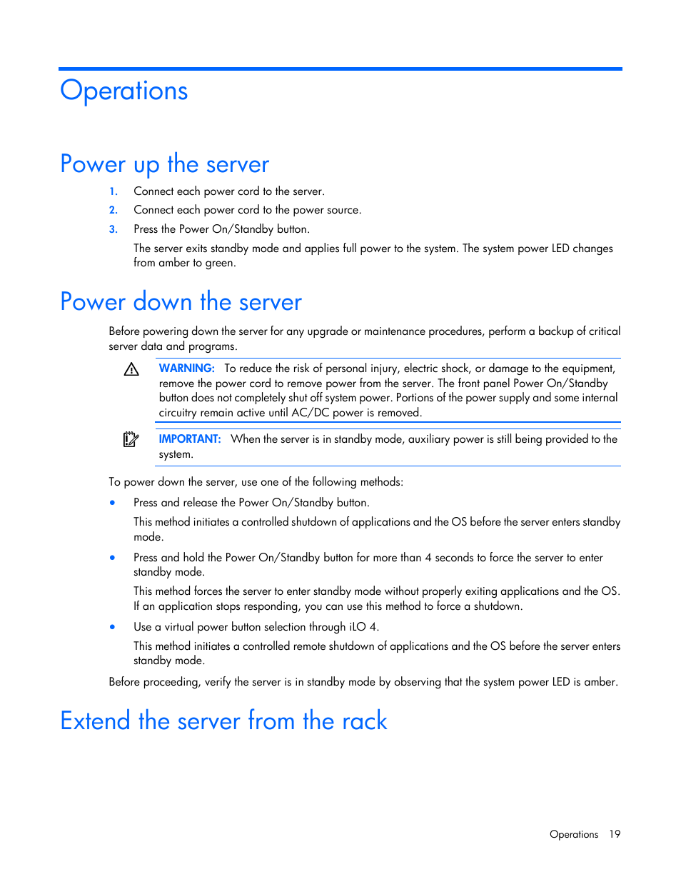 Operations, Power up the server, Power down the server | Extend the server from the rack | HP ProLiant DL388e Gen8 Server User Manual | Page 19 / 136