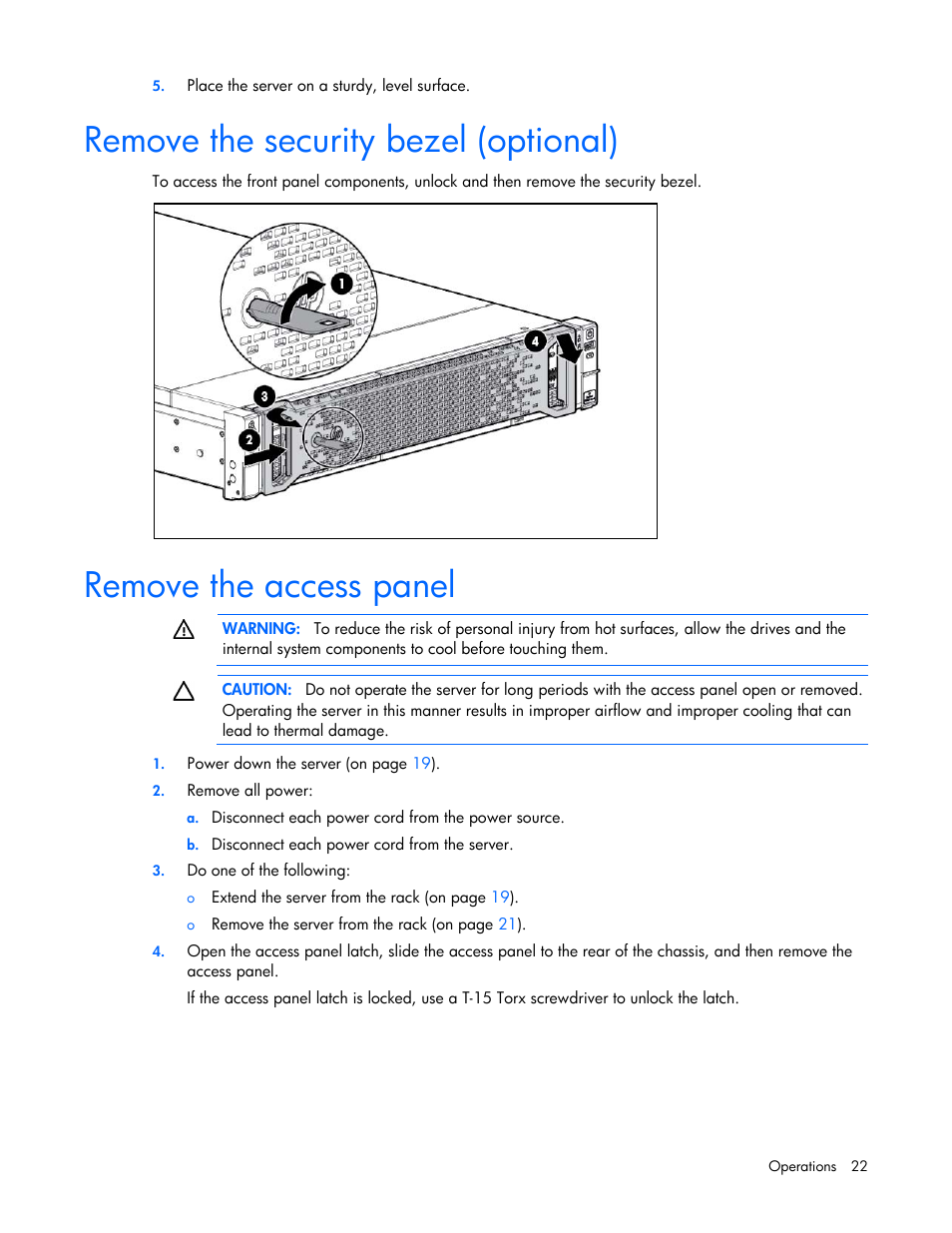 Remove the security bezel (optional), Remove the access panel | HP ProLiant DL388e Gen8 Server User Manual | Page 22 / 136