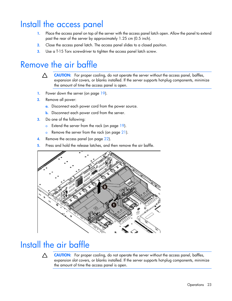 Install the access panel, Remove the air baffle, Install the air baffle | HP ProLiant DL388e Gen8 Server User Manual | Page 23 / 136