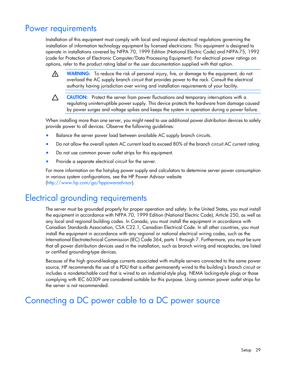 Power requirements, Electrical grounding requirements, Connecting a dc power cable to a dc power source | HP ProLiant DL388e Gen8 Server User Manual | Page 29 / 136