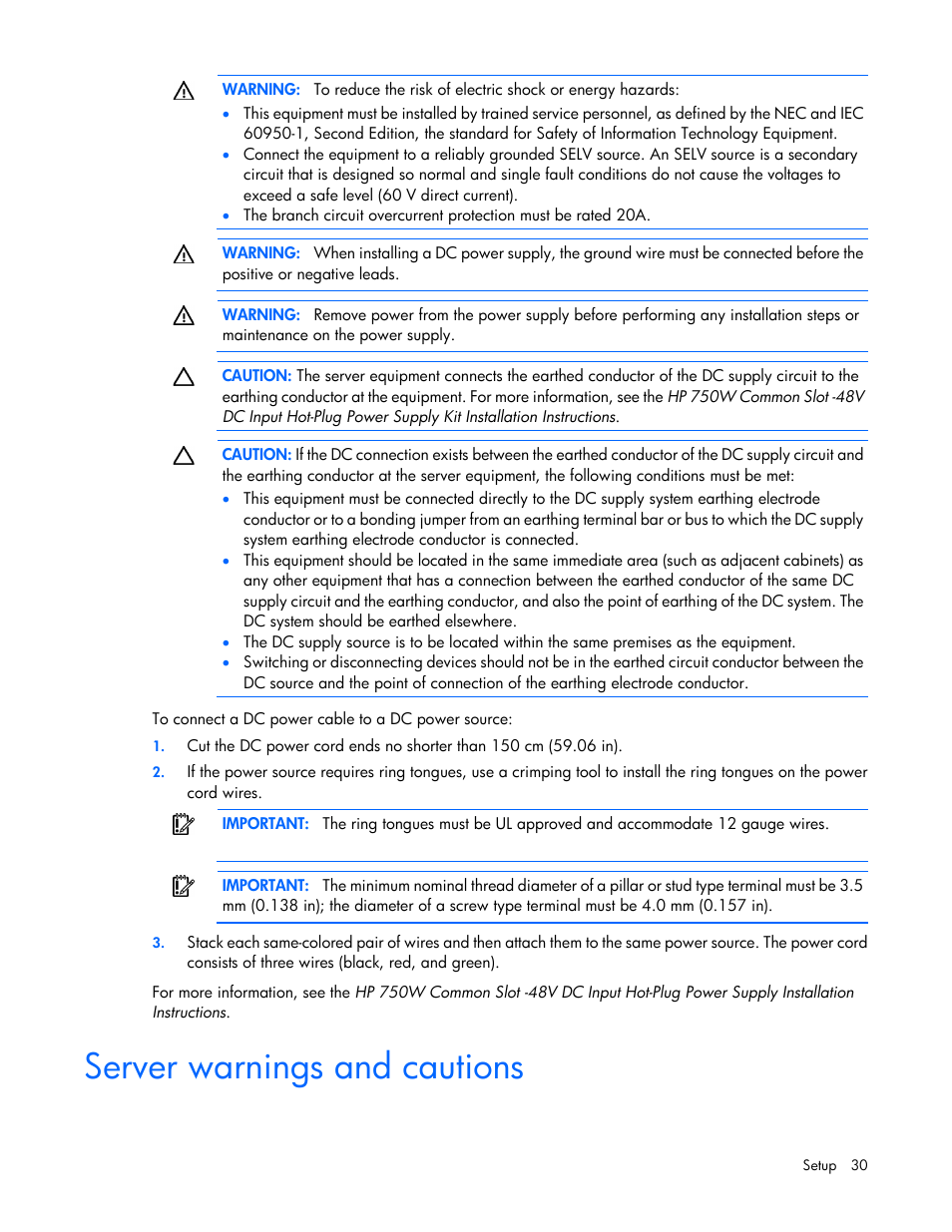 Server warnings and cautions | HP ProLiant DL388e Gen8 Server User Manual | Page 30 / 136