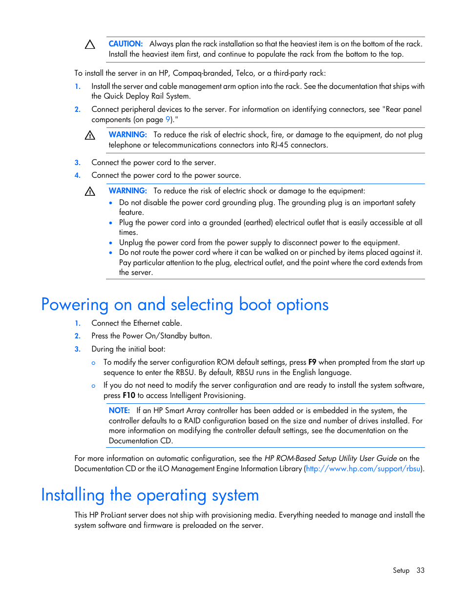 Powering on and selecting boot options, Installing the operating system | HP ProLiant DL388e Gen8 Server User Manual | Page 33 / 136