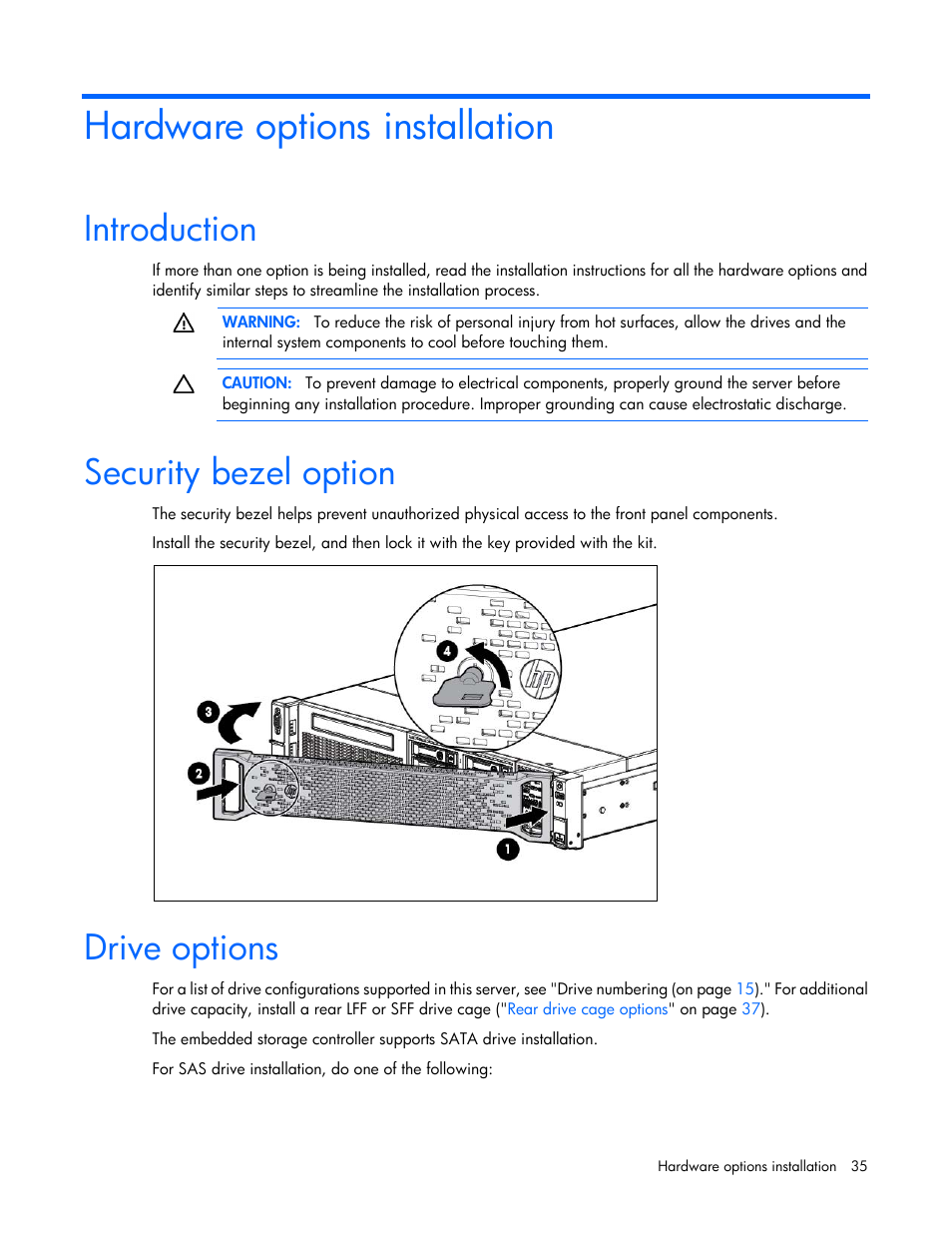 Hardware options installation, Introduction, Security bezel option | Drive options | HP ProLiant DL388e Gen8 Server User Manual | Page 35 / 136