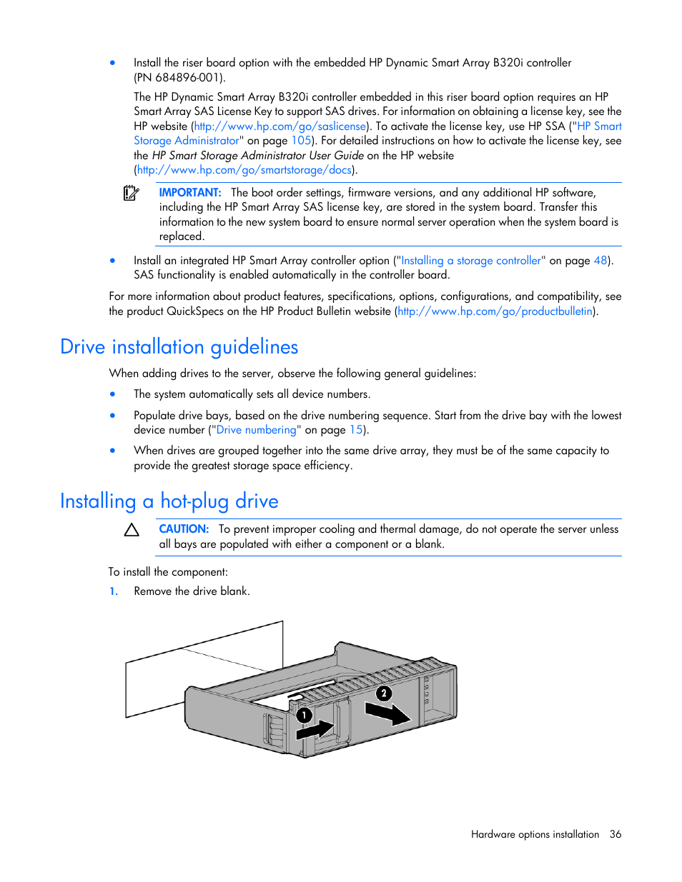 Drive installation guidelines, Installing a hot-plug drive | HP ProLiant DL388e Gen8 Server User Manual | Page 36 / 136