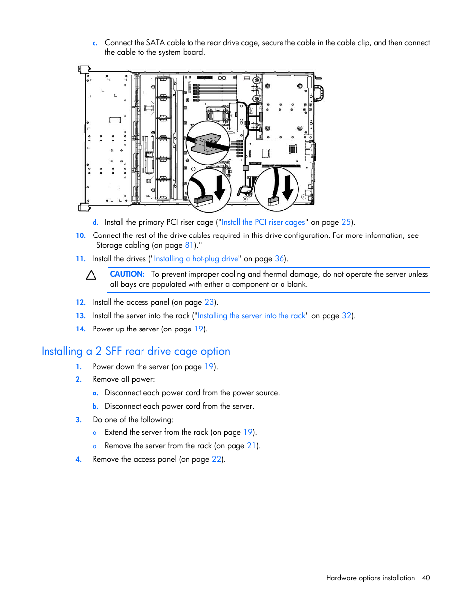 Installing a 2 sff rear drive cage option | HP ProLiant DL388e Gen8 Server User Manual | Page 40 / 136