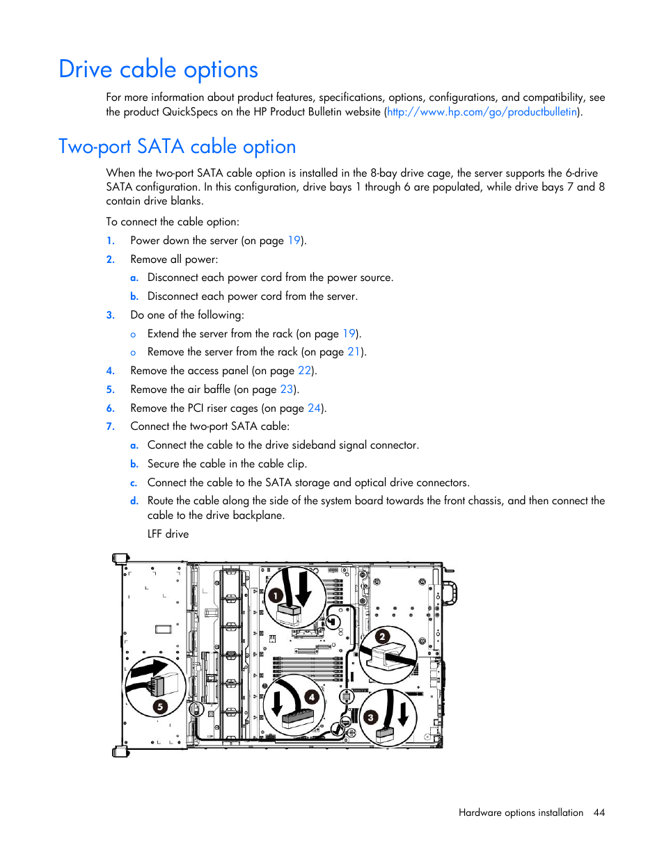 Drive cable options, Two-port sata cable option | HP ProLiant DL388e Gen8 Server User Manual | Page 44 / 136