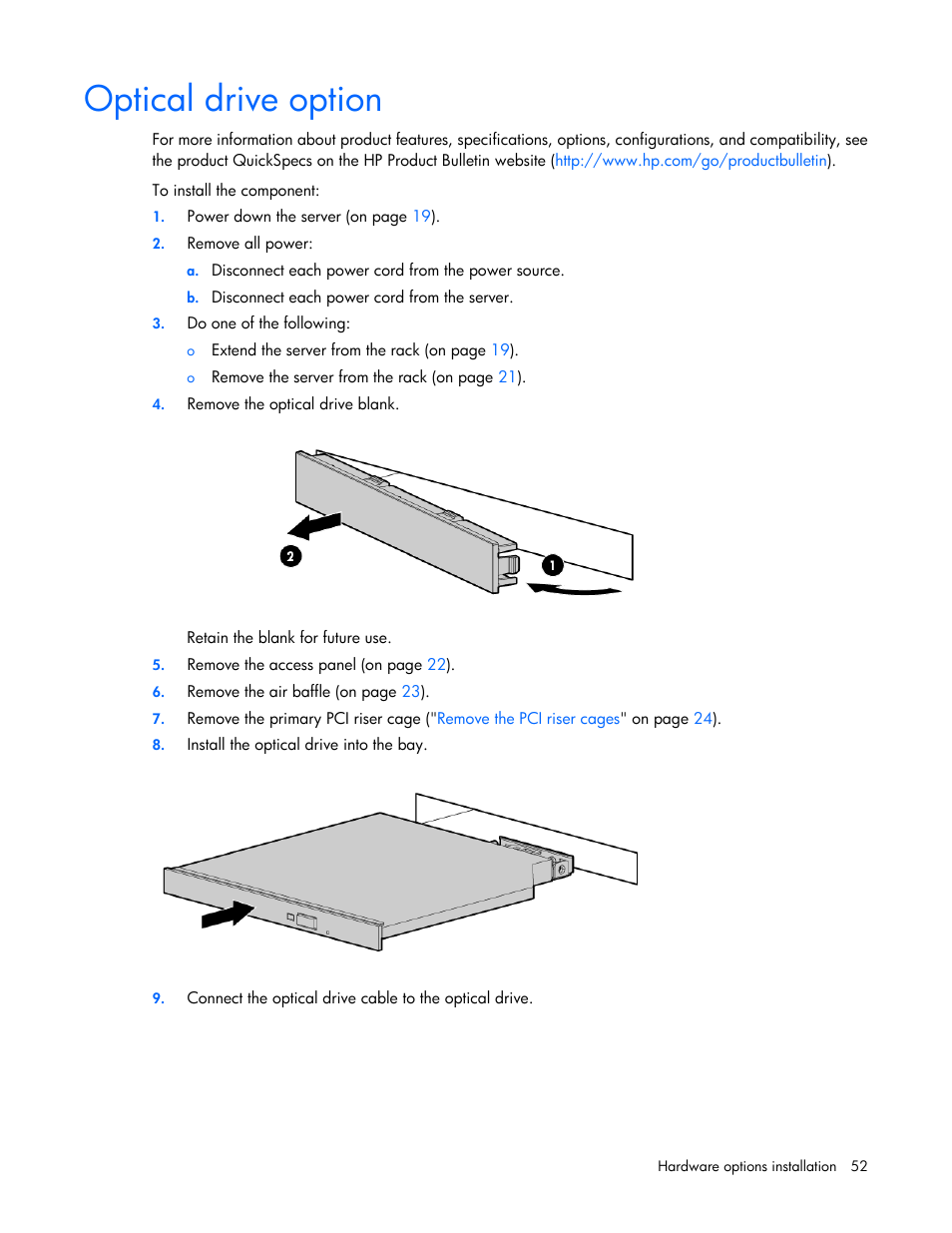 Optical drive option | HP ProLiant DL388e Gen8 Server User Manual | Page 52 / 136