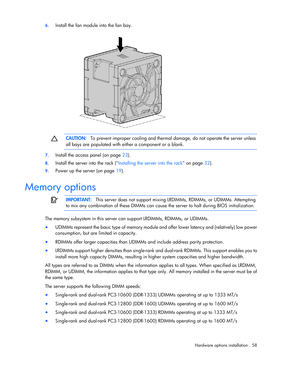 Memory options | HP ProLiant DL388e Gen8 Server User Manual | Page 58 / 136