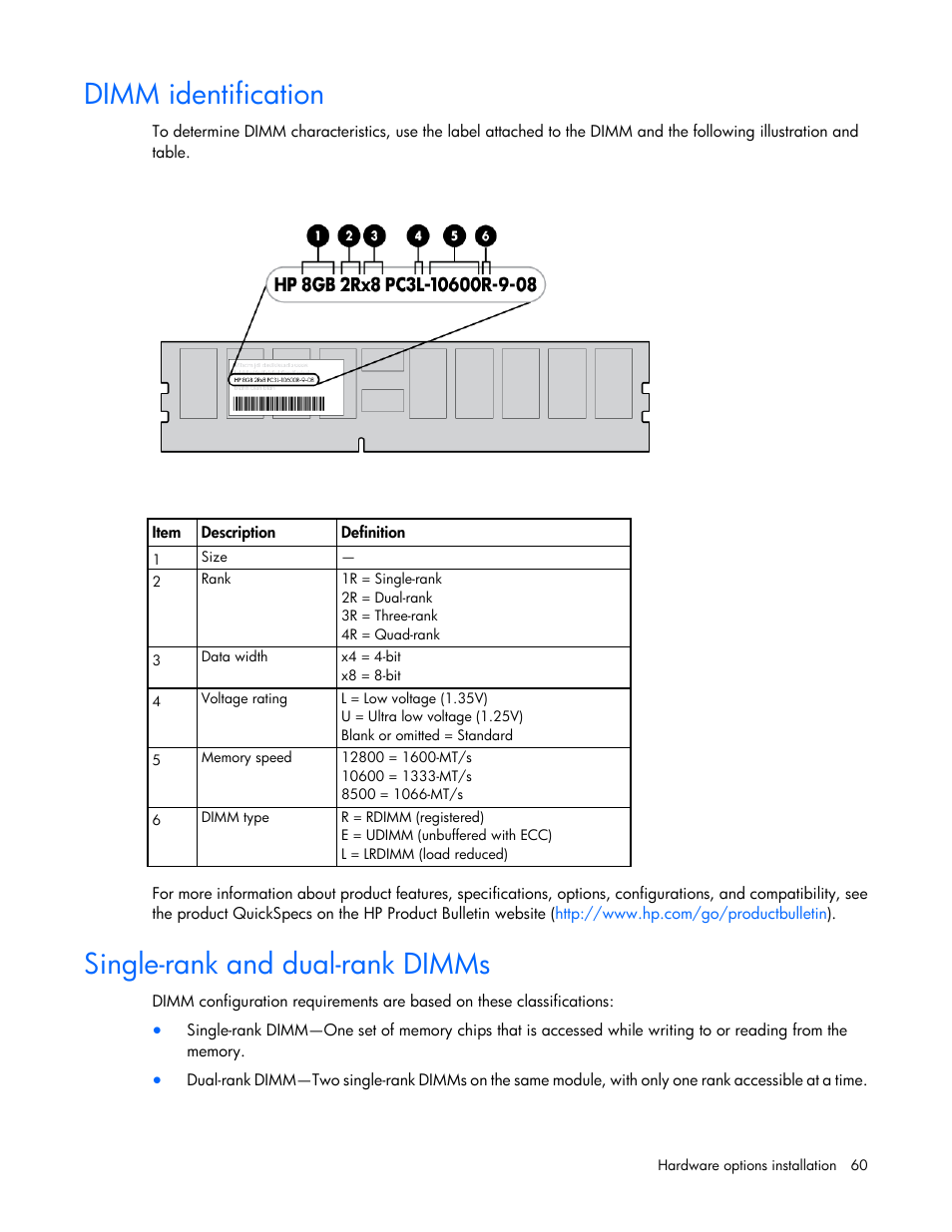 Dimm identification, Single-rank and dual-rank dimms | HP ProLiant DL388e Gen8 Server User Manual | Page 60 / 136