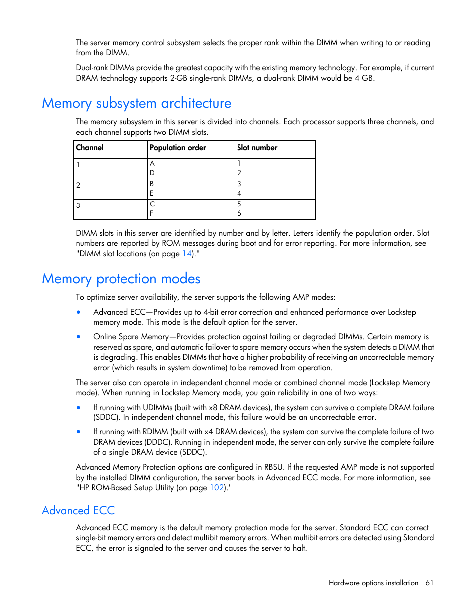 Memory subsystem architecture, Memory protection modes, Advanced ecc | HP ProLiant DL388e Gen8 Server User Manual | Page 61 / 136
