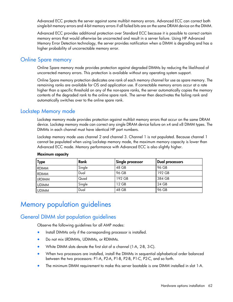 Online spare memory, Lockstep memory mode, Memory population guidelines | General dimm slot population guidelines | HP ProLiant DL388e Gen8 Server User Manual | Page 62 / 136
