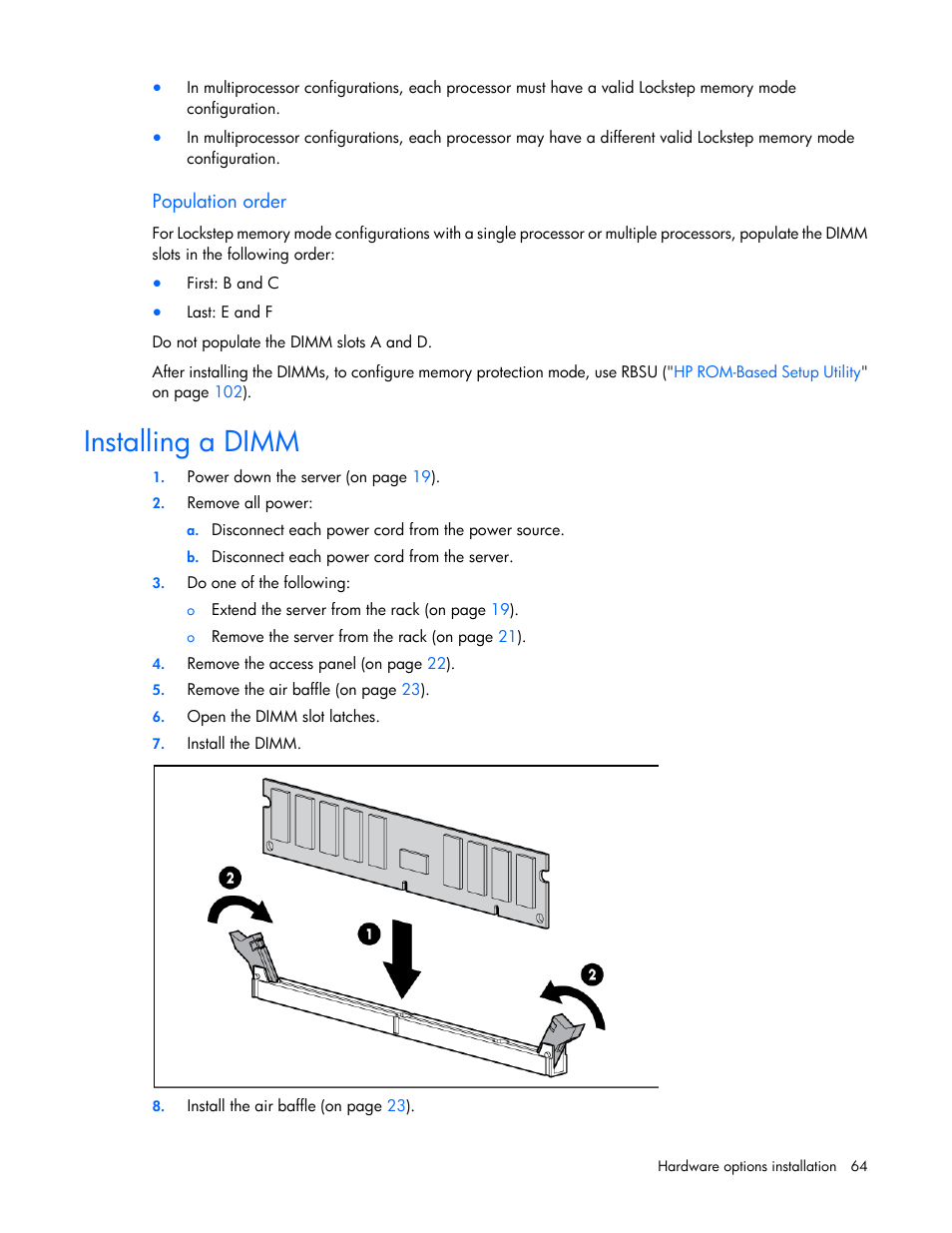 Population order, Installing a dimm | HP ProLiant DL388e Gen8 Server User Manual | Page 64 / 136