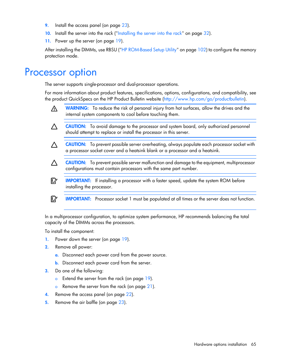 Processor option | HP ProLiant DL388e Gen8 Server User Manual | Page 65 / 136