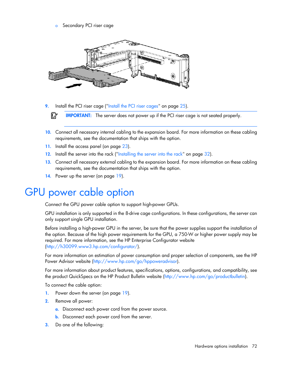 Gpu power cable option | HP ProLiant DL388e Gen8 Server User Manual | Page 72 / 136