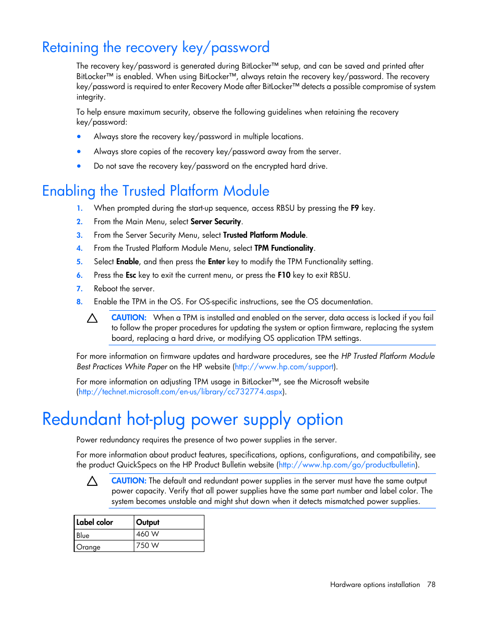 Retaining the recovery key/password, Enabling the trusted platform module, Redundant hot-plug power supply option | HP ProLiant DL388e Gen8 Server User Manual | Page 78 / 136