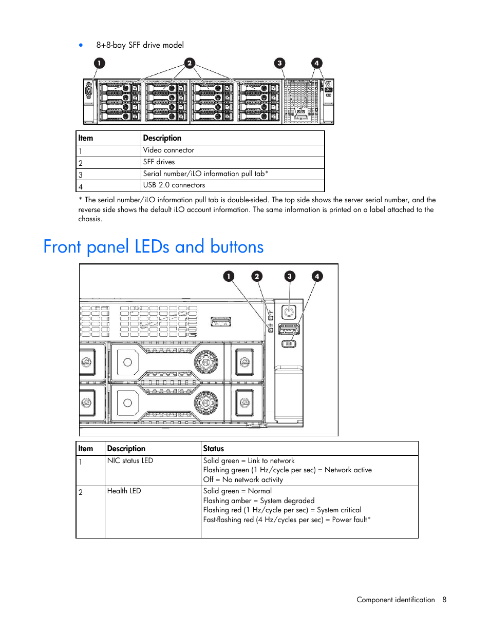 Front panel leds and buttons | HP ProLiant DL388e Gen8 Server User Manual | Page 8 / 136