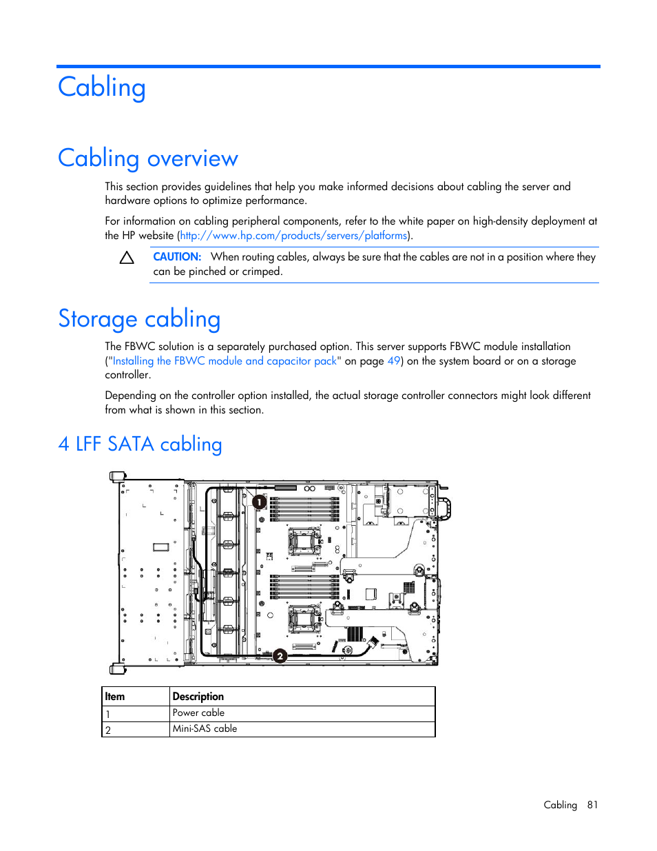 Cabling, Cabling overview, Storage cabling | 4 lff sata cabling | HP ProLiant DL388e Gen8 Server User Manual | Page 81 / 136