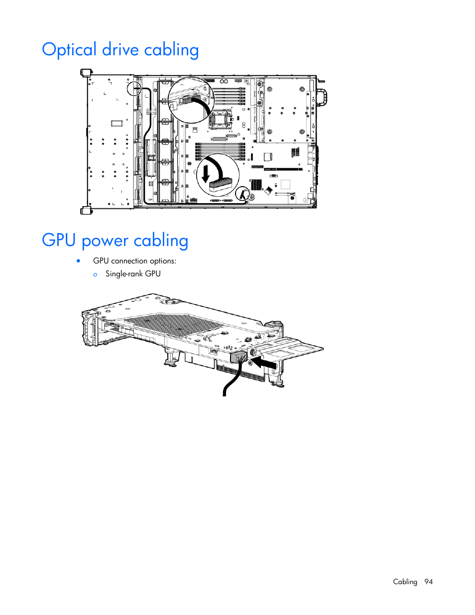 Optical drive cabling, Gpu power cabling | HP ProLiant DL388e Gen8 Server User Manual | Page 94 / 136