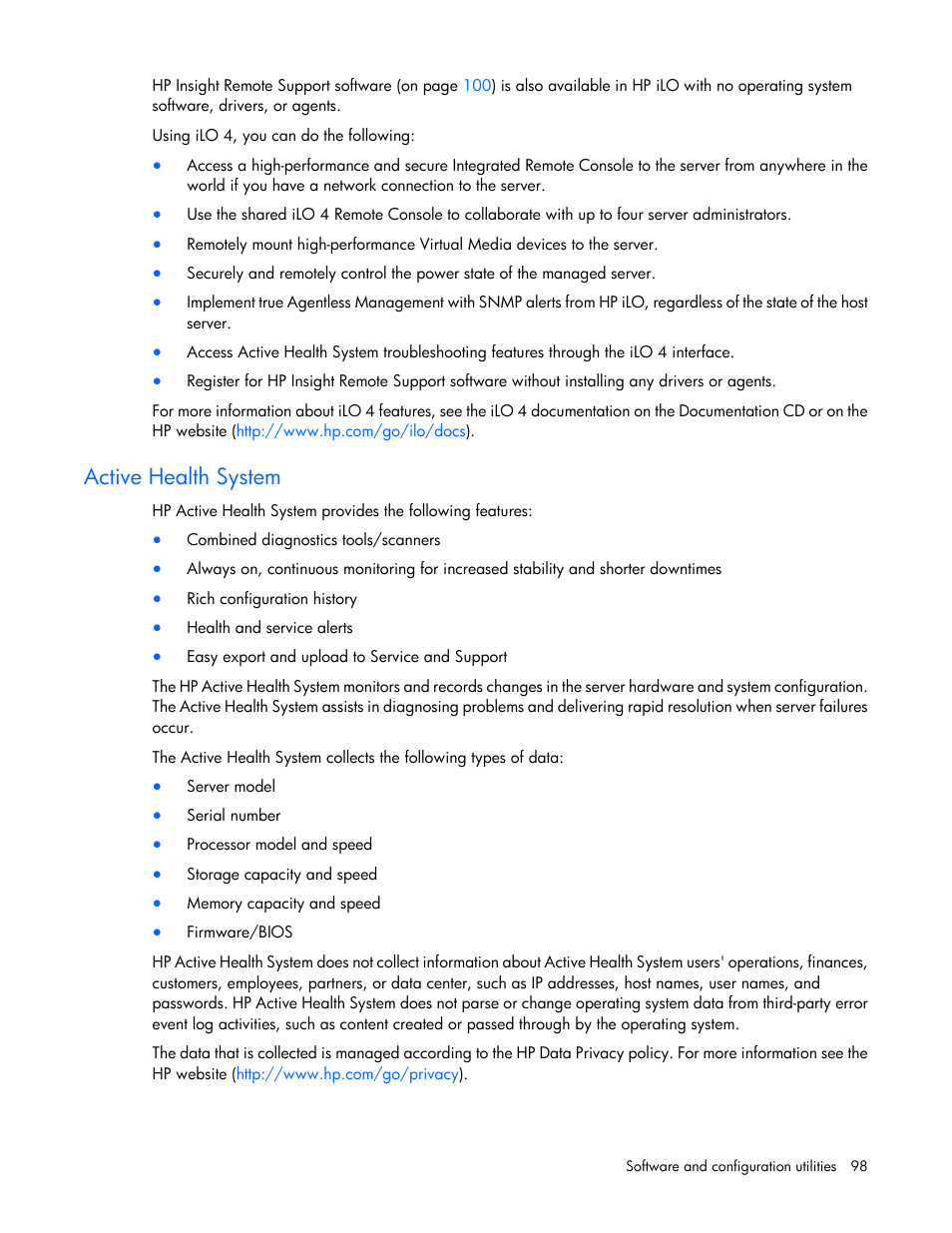 Active health system | HP ProLiant DL388e Gen8 Server User Manual | Page 98 / 136