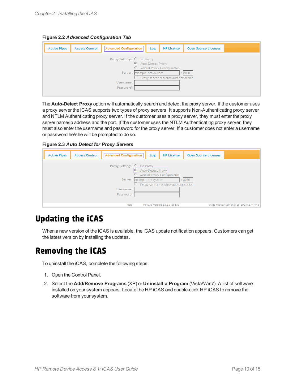 Updating the icas, Removing the icas | HP Remote Device Access Software User Manual | Page 10 / 15