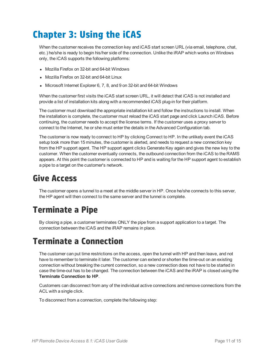 Chapter 3: using the icas, Give access, Terminate a pipe | Terminate a connection | HP Remote Device Access Software User Manual | Page 11 / 15