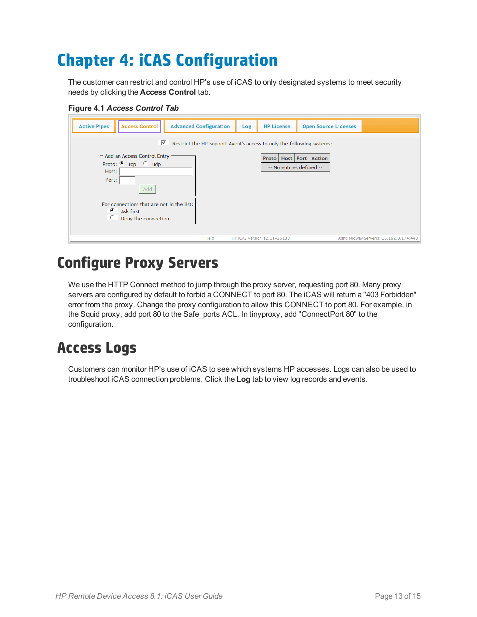 Chapter 4: icas configuration, Configure proxy servers, Access logs | HP Remote Device Access Software User Manual | Page 13 / 15