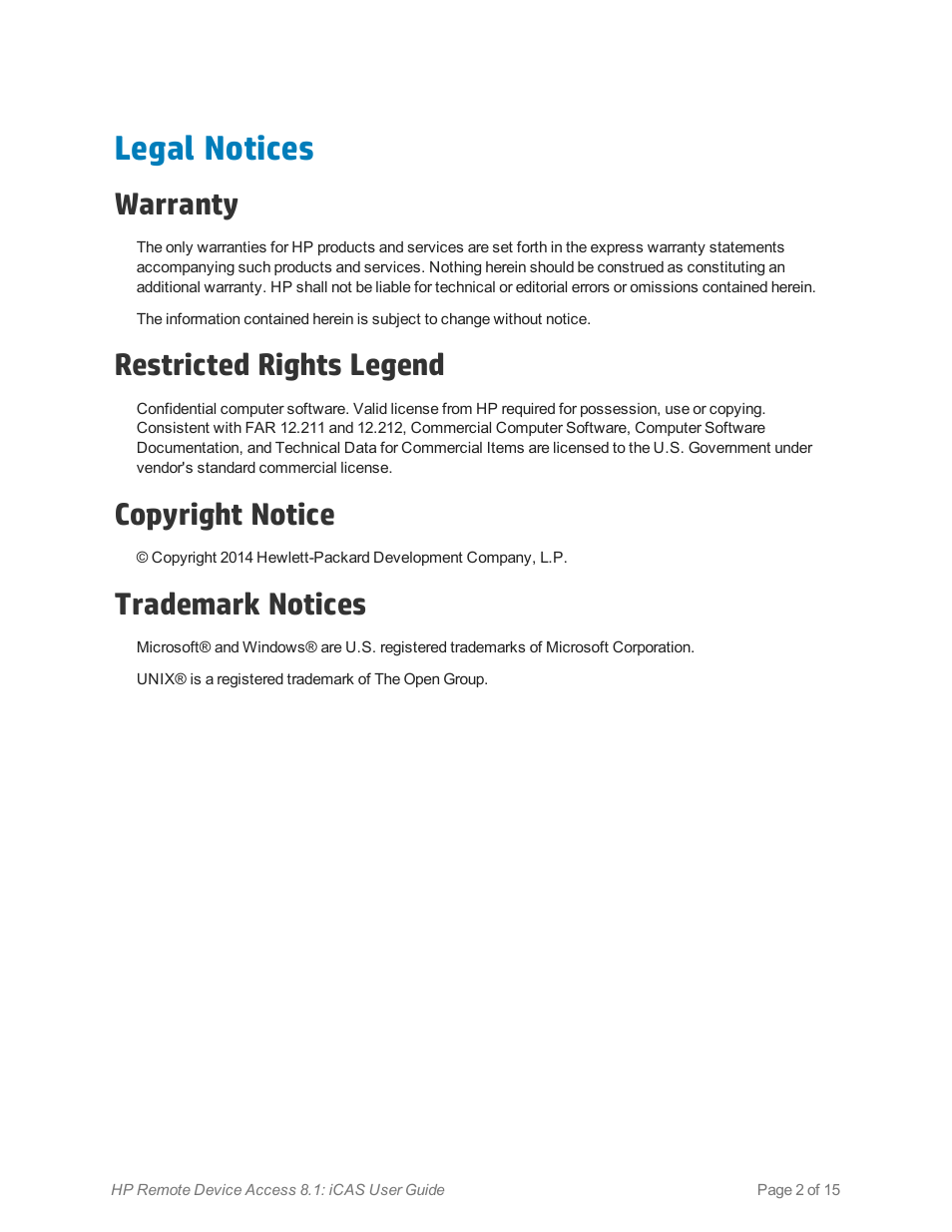 Legal notices, Warranty, Restricted rights legend | Copyright notice, Trademark notices | HP Remote Device Access Software User Manual | Page 2 / 15