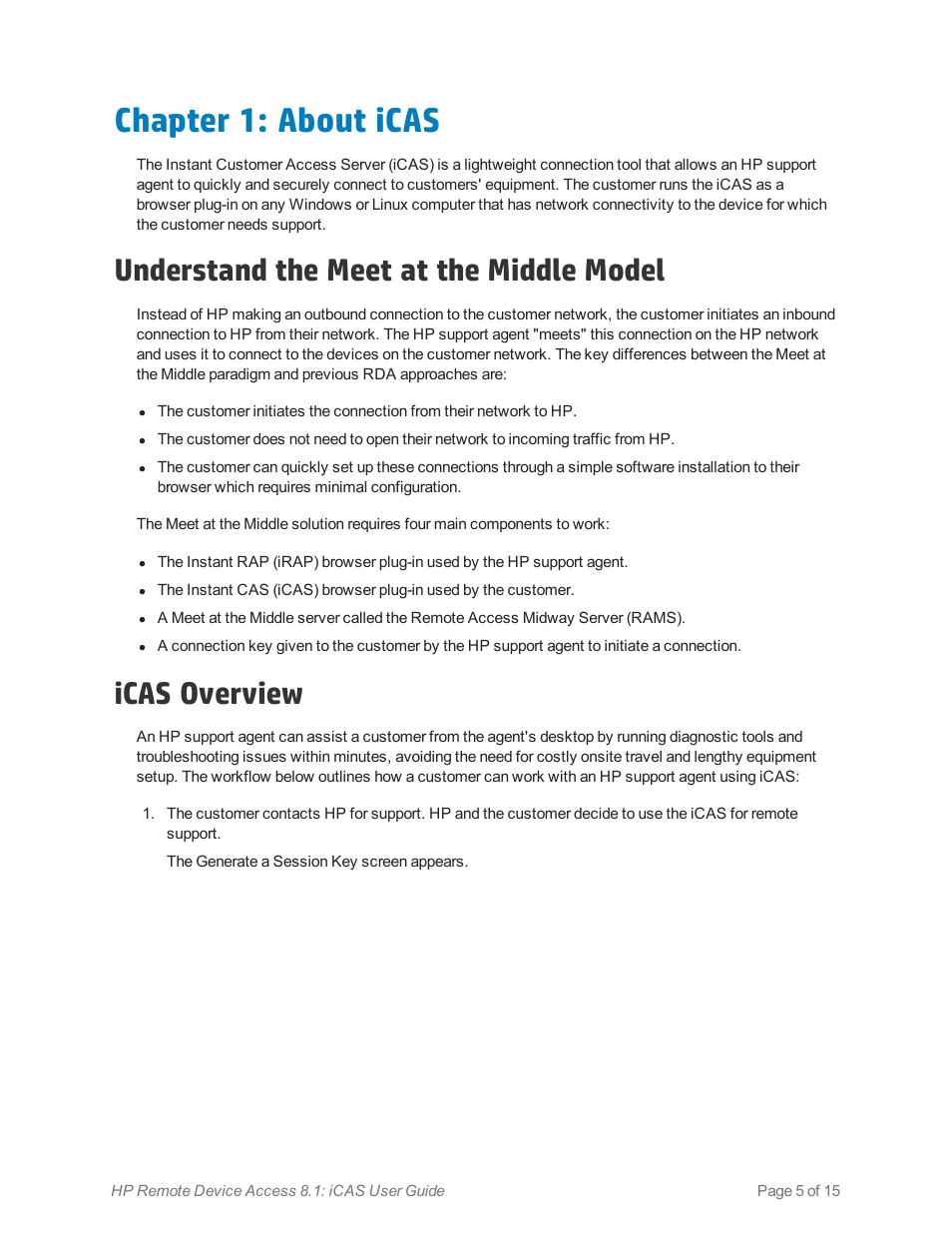 Chapter 1: about icas, Understand the meet at the middle model, Icas overview | HP Remote Device Access Software User Manual | Page 5 / 15