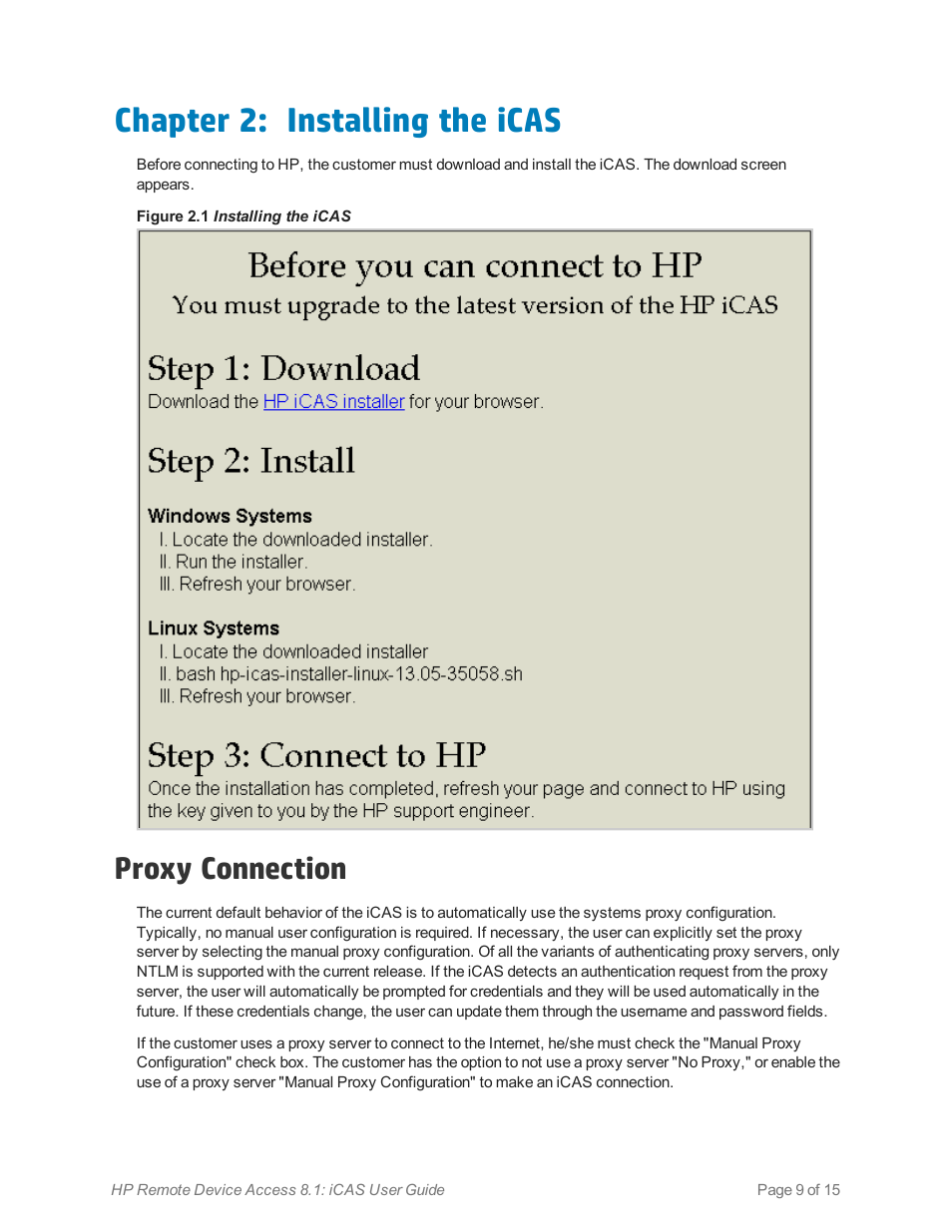 Chapter 2: installing the icas, Proxy connection | HP Remote Device Access Software User Manual | Page 9 / 15