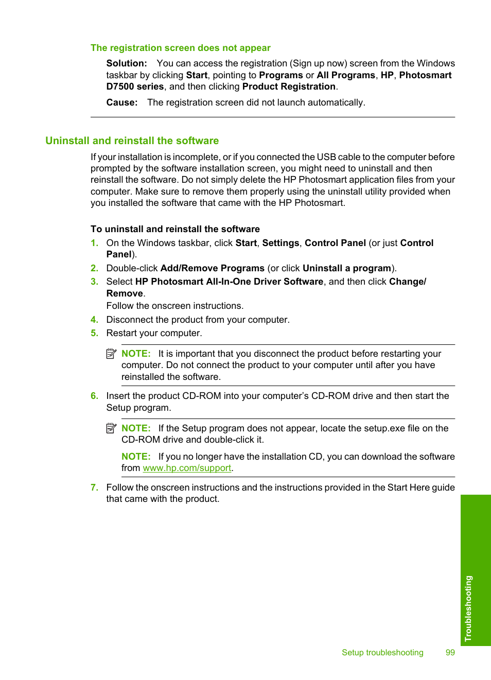 Uninstall and reinstall the software, The registration screen does not appear | HP Photosmart D7560 Printer User Manual | Page 102 / 237