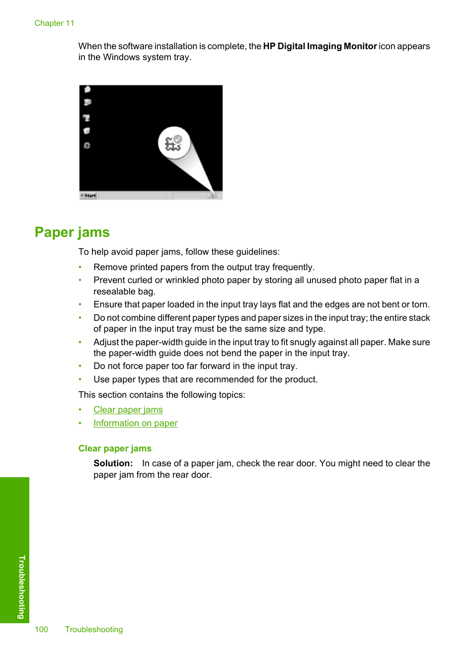 Paper jams, Information on paper | HP Photosmart D7560 Printer User Manual | Page 103 / 237
