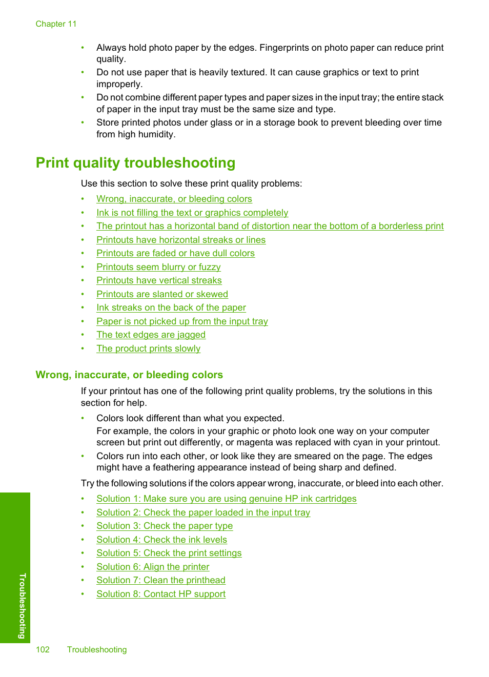 Print quality troubleshooting, Wrong, inaccurate, or bleeding colors | HP Photosmart D7560 Printer User Manual | Page 105 / 237
