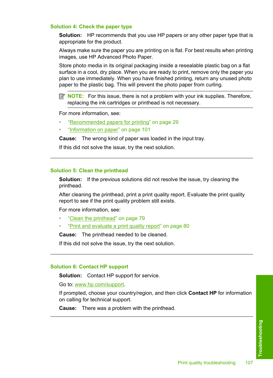 Solution 4: check the paper type, Solution 5: clean the printhead, Solution 6: contact hp support | HP Photosmart D7560 Printer User Manual | Page 110 / 237