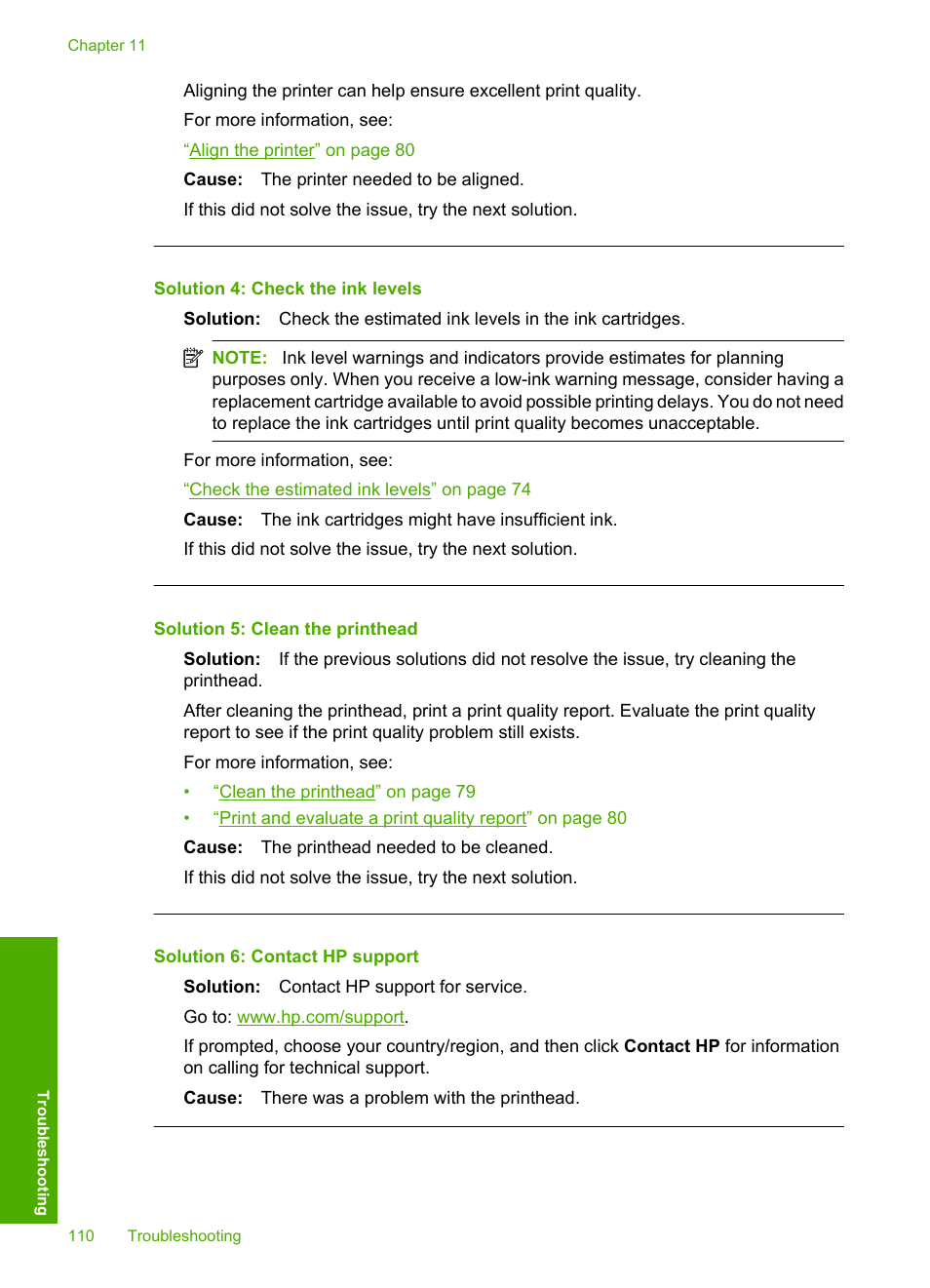 Solution 4: check the ink levels, Solution 5: clean the printhead, Solution 6: contact hp support | HP Photosmart D7560 Printer User Manual | Page 113 / 237